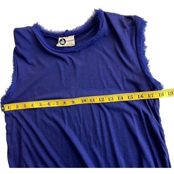 LANVIN Paris Blue Silk Ruched Midi Dress Size M Sleeveless Fringe Hem Luxury - Picture 6 of 13